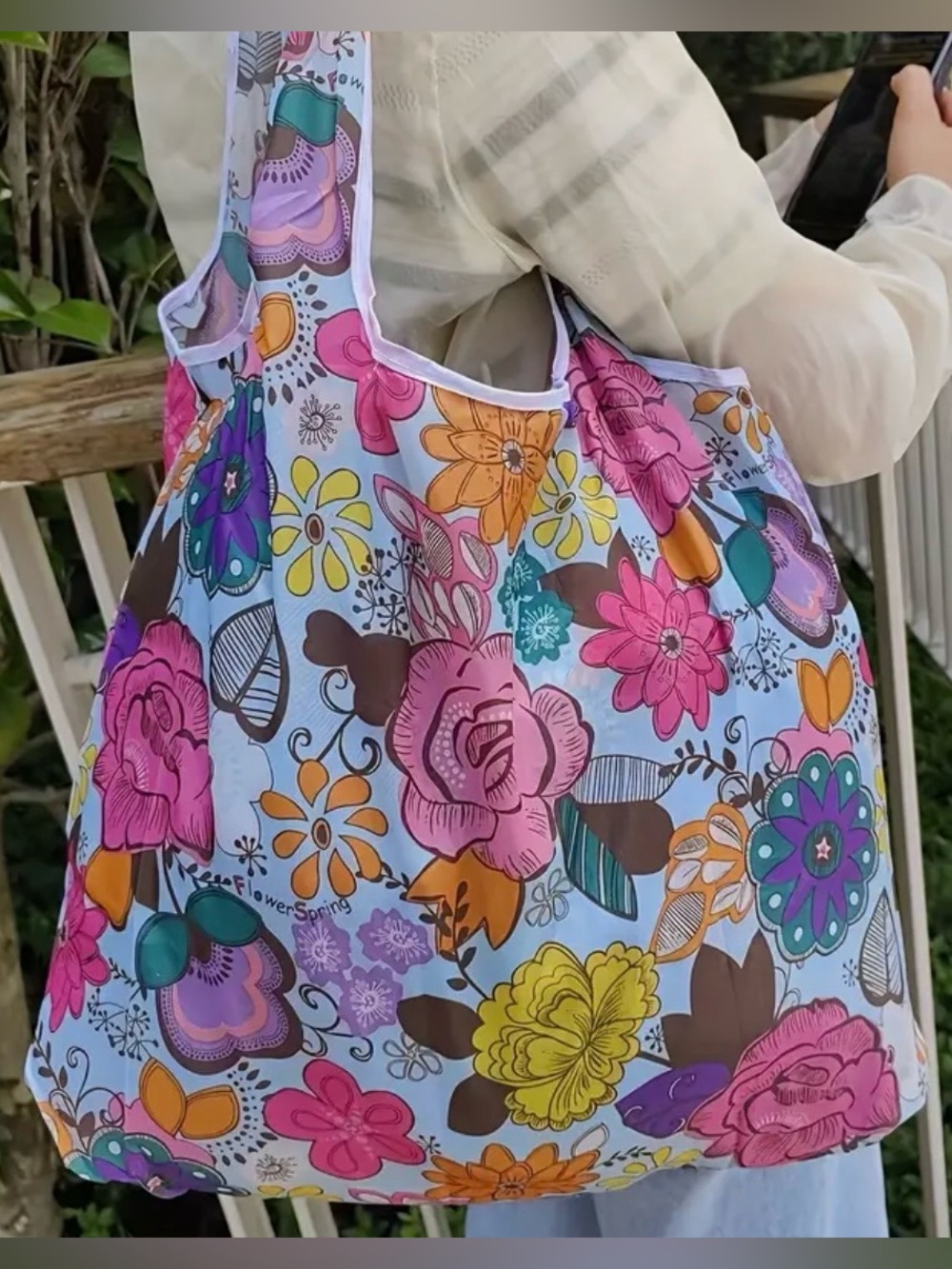 Floral Reusable Tote Bag Colorful Garden Flowers